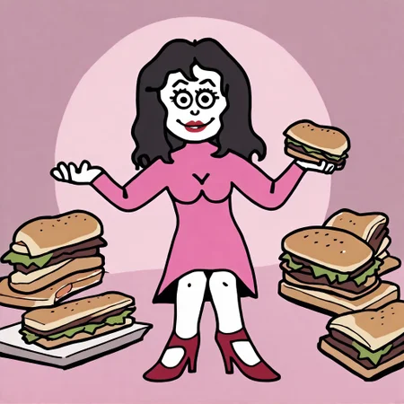 score_9, score_8_up, score_7_up BREAK ValeAyV, 1girl, wavy black hair, black eyes, pale skin, red lipstick, long-sleeved pink dress, high-heeled red shoes, surrounded by sandwiches, cartoon, source_cartoon, sandwiches everywhere, happy, smiling, joyful,