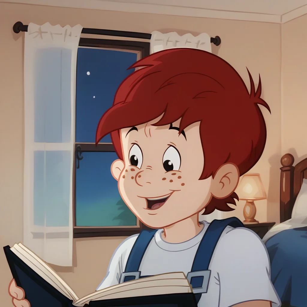 score_9_up, score_8_up, BREAK, ericTLETC, 1boy, red hair, freckles, black eyes, white shirt, blue overalls, upper body, male child, bedroom, reading book, accurate, night time, <lora:Eric_The_Little_Engine_That_Could_-_1991:1>