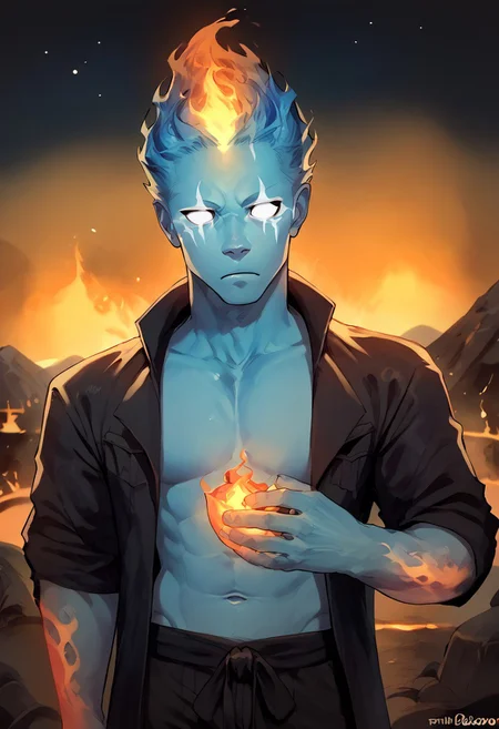 score_9, score_8_up, score_7_up, score_6_up, p0tatoo, solo, 1boy, firehuman, fiery body, purple tips, blue body, star eyes, white eyes, fire tear, volcano, outside, black sky