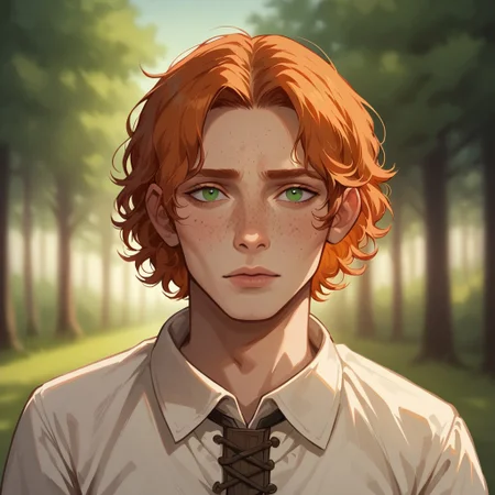 (((detailed, beautiful, high quality))), score_9, score_8_up, score_7_up, upper body,
(depth of field, dynamic lighting),
human,
1 male, european appearance, green eyes, short hair, disheveled hair, freckles, ginger hair, white office shirt, medieval shirt,
looking at the viewer, posing, 
blurred background, fantasy background, dark background, forest,