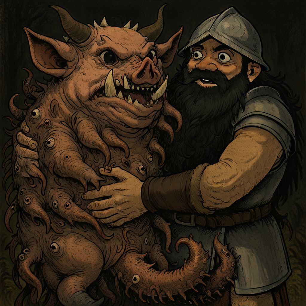 masterpiece, best quality, newest, absurdres, highres, CWKIV1.0, 1boy, Senshi \(dungeon_meshi\), dwarf, helmet, horns, horned helmet, fake horns, beard, black eyes, black hair, monster, hug, oversized animal, pig, eldrich horror, eldrich monster, tentacles,