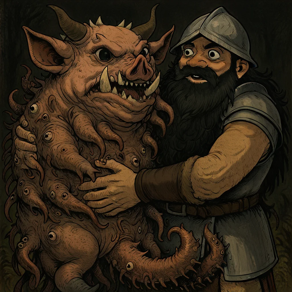 masterpiece, best quality, newest, absurdres, highres, CWKIV1.0, 1boy, Senshi \(dungeon_meshi\), dwarf, helmet, horns, horned helmet, fake horns, beard, black eyes, black hair, monster, hug, oversized animal, pig, eldrich horror, eldrich monster, tentacles,