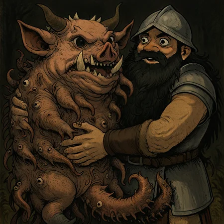 masterpiece, best quality, newest, absurdres, highres, CWKIV1.0, 1boy, Senshi \(dungeon_meshi\), dwarf, helmet, horns, horned helmet, fake horns, beard, black eyes, black hair, monster, hug, oversized animal, pig, eldrich horror, eldrich monster, tentacles,