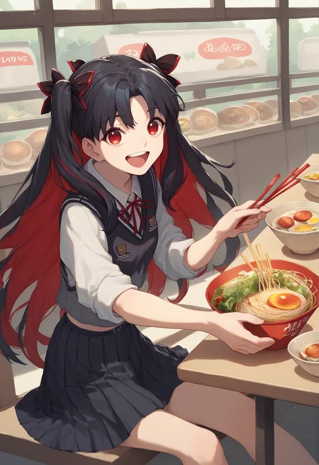 1girl, long hair, multicolored hair, twintails, two-tone hair, black hair, red hair, hair bow, two side up, red eyes, school uniform, black vest, black skirt, red ribbon, sitting, ramen shop, restaurant, ramen, looking at viewer, smile, holding chopsticks, open mouth, close-up <lora:Ishtarin:1>, score_9, score_8_up, score_7_up, score_6_up, score_5_up, score_4_up, BREAK source_anime, masterpiece