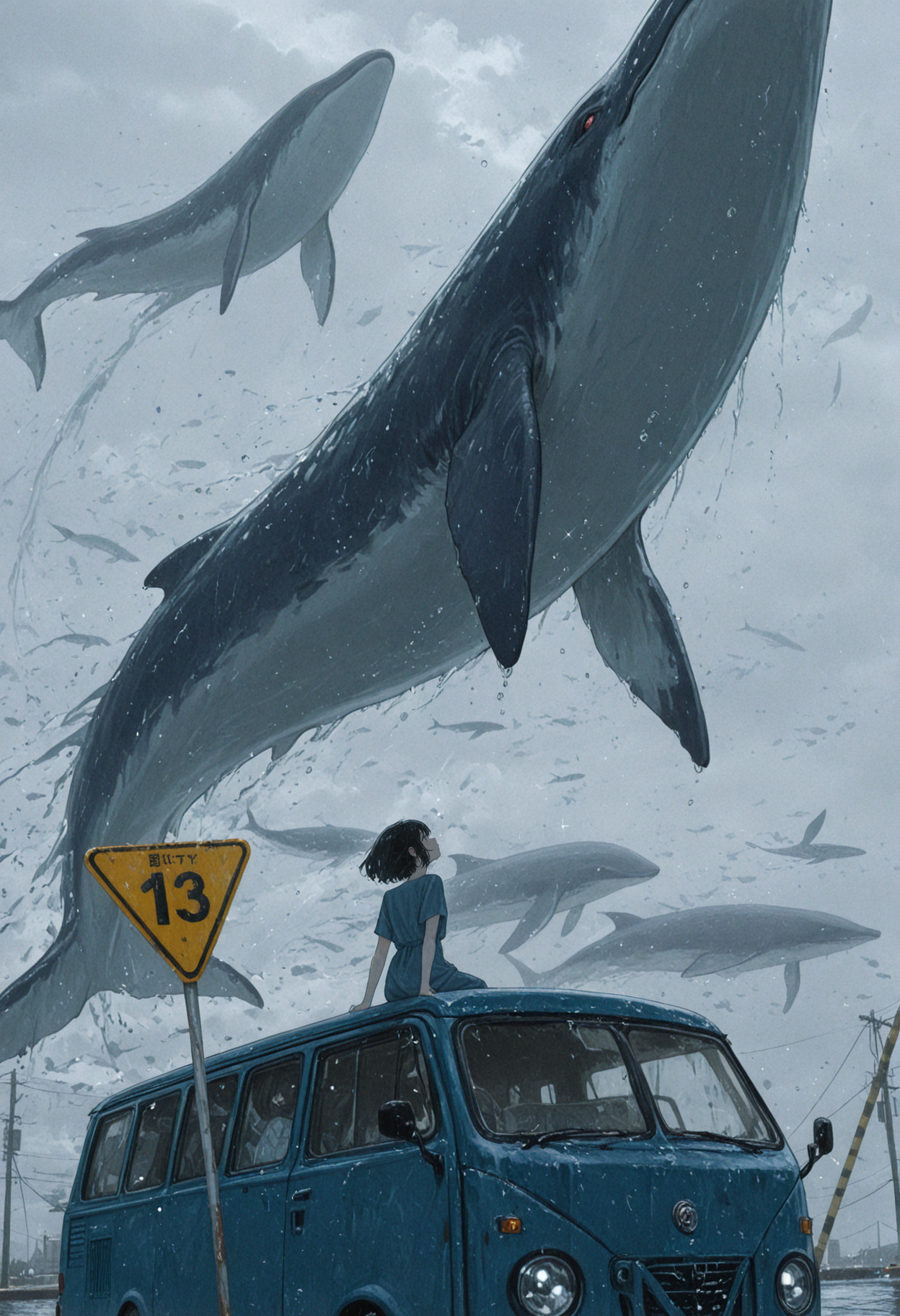 masterpiece, best quality, amazing quality, very aesthetic, absurdres, highres, newest, HDR, 8K,
1girl, solo, black hair, short hair, blue dress, sleeeveless, rusty van, sitting on roof, road sign, foggy sky, overcast sky, submerged van, water, fluffy clouds, floating whales, sparkles, wind gust, looking up, fantasy settings, magical