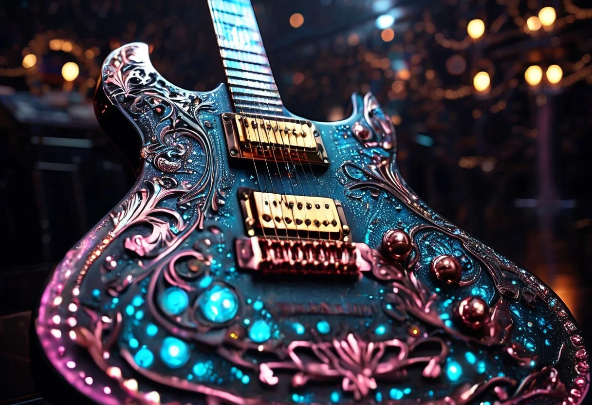RAW photo of a very detailed reflective guitar with whimsical elements, completely dark studio, magical glowing podium, the rom is dark, only light of source is the guitar, cyan and pink neon, complimentary colors, reflective enviroment, spot lights, fantasy style, 90% black and 10% gold colors, big white diamonds on the guitar, strong depth of field, darkness, dramatic light, dusty black theme, intricate details, ultra sharp, exquisite detail, flawless composition, vivid colors, masterpiece, exciting background, timeless elegant and Exquisite Copper Ornaments