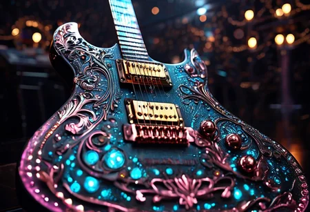 RAW photo of a very detailed reflective guitar with whimsical elements, completely dark studio, magical glowing podium, the rom is dark, only light of source is the guitar, cyan and pink neon, complimentary colors, reflective enviroment, spot lights, fantasy style, 90% black and 10% gold colors, big white diamonds on the guitar, strong depth of field, darkness, dramatic light, dusty black theme, intricate details, ultra sharp, exquisite detail, flawless composition, vivid colors, masterpiece, exciting background,  timeless elegant and Exquisite Copper Ornaments