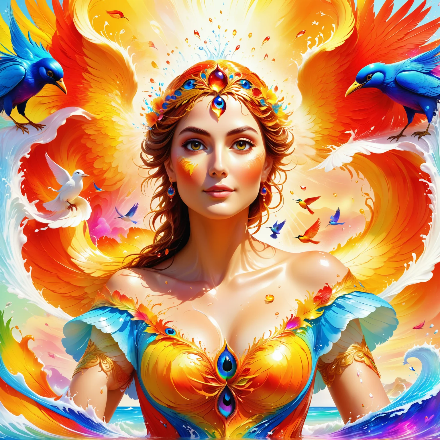 Jed-Spl4sh, <lora:ColourfulStyleV2-000006:0.8>, masterpiece, UHD, 64k, smooth colors, positive emotional, splash effect, birds, waves, supermodel, lovely, fierced, exquisite color, striking, flowing, grand illumination, complex
