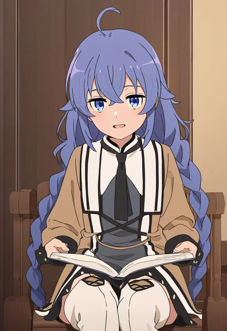 masterpiece, best quality, newest, absurdres, highres, detailed eyes, beautiful, detailed background, perfect eyes, anime coloring, 1girl, solo, petite, roxy migurdia, blue hair, long hair, twin braids, hair between eyes, ahoge, blue eyes, small breasts, RoxyMageC, brown robe, long sleeves, black neck ribbon, black skirt, black socks, white thigh boots, looking at viewer, smile, open mouth, (indoors, mansion, living room, sitting, wooden chair, holding book, open book, soft light), <lora:roxy_mskt_xl:0.8>