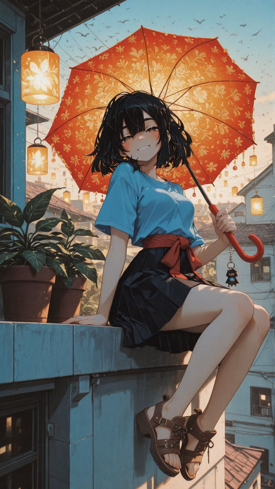 1girl,<lora:Sh1iro_S1yl3_Vo1d:0.8>, shi1ro_vo1d_illu, <lora:add-detail-xl:1>
masterpiece,best quality,
black hair, short hair, messy hair, symmetrical bangs, long bangs, brown eyes, detailed eyes, thick eyebrows, smile, flushed cheeks, yellow locket, sky blue t-shirt, short sleeves, pleated skirt, black skirt, red sash, brown sandals, holding a decorated umbrella, floral patterned umbrella, birds on umbrella,arm support,
sitting on a rooftop, swinging legs, rustic town, old buildings, colorful lanterns, golden sunlight, sunlight passing through hair, warm atmosphere, dreamy, potted plants in background, rooftop homes, nostalgic setting, whimsical, rich texture, soft color blending, impressionistic art, charm, 
facing viewer, looking at viewer