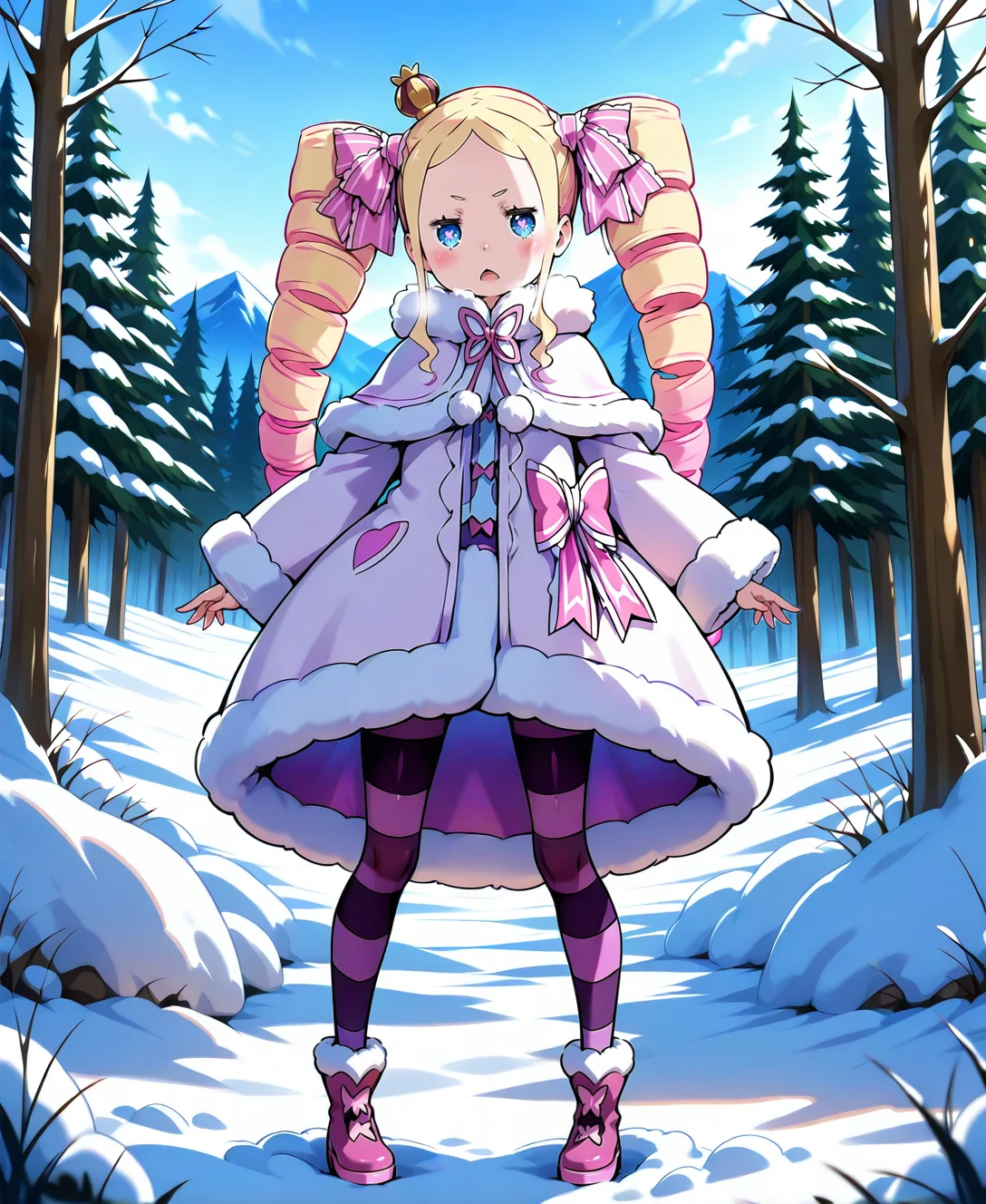 beatrice_re_zero, girl, long_hair, looking_at_viewer, blush, open_mouth, blue_eyes, blonde_hair, long_sleeves, ribbon, twintails, standing, full_body, pink_hair, hair_ribbon, multicolored_hair, sidelocks, pantyhose, outdoors, sky, shoes, day, coat, tree, symbol-shaped_pupils, fur_trim, drill_hair, crown, nature, twin_drills, snow, pink_ribbon, forest, legs_apart, white_coat, mountain, pink_footwear, winter_clothes, mini_crown, winter, striped_ribbon, winter_coat, purple_pantyhose, <lora:se_beatrice_re_zero:1>