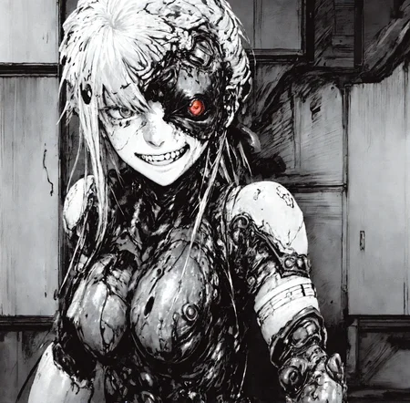 ((broken female body android)), ((gunshot damage on walls and body)), ((black slime)), ((explosion marks)), <lora:Blame!:1>, ((torn skin)),  <lora:bodhor:0.8>,  OrganicBiomArt,  happy512, dim light, heavy black and white,  cyborg girl portrait,,