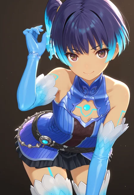 masterpiece, best quality, good quality, sena \(cosplay\), 1girl, solo, fiery hair, brown eyes, ribbed shirt, elbow gloves, thigh boots, dress belt, pleated skirt, chest jewel, thigh markings<lora:sena illustrious 053:1>