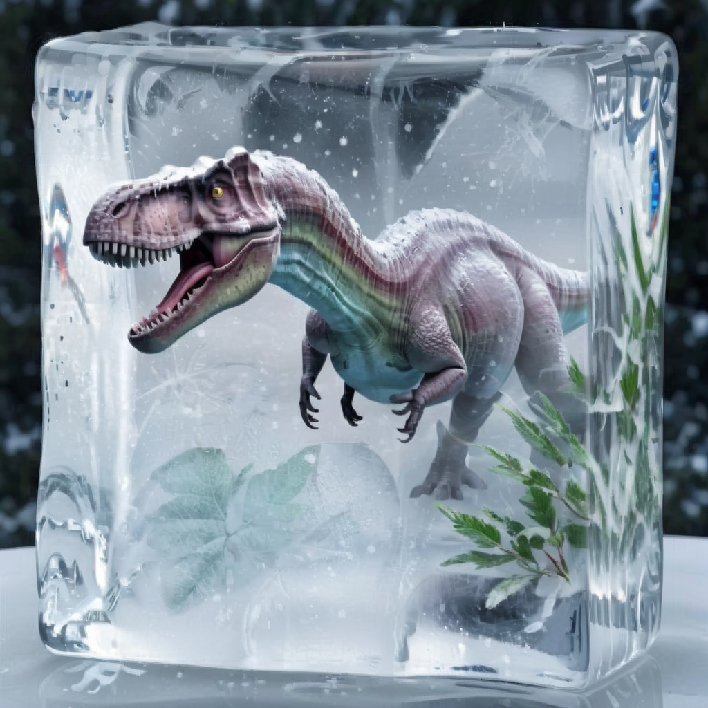 Create a realistic image of Dinosaur  frozen inside a block of ice,<lora:iniceblock:0.8>
