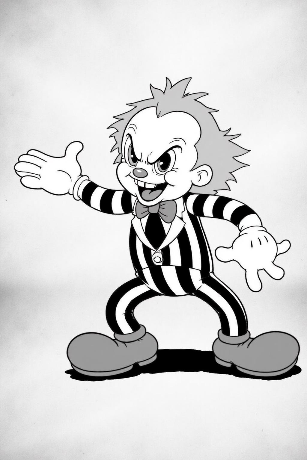 rubber hose animation style.
Monochrome image of Beetlejuice, a mischievous clown-like trickster with exaggerated features and spiky hair. He has a wide grin, wears a striped suit with a bow tie and oversized shoes. His right arm is outstretched with a gloved hand, while his left arm is bent at the elbow.
 <lora:rubberhose1_cap_d8a4:1.0><lora:844388414603220587:0>