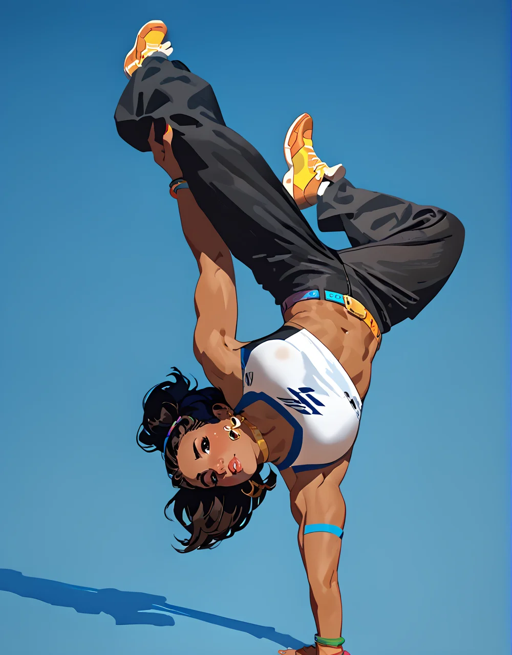 score_9, score_8_up, score_7_up, vibrant color, <lora:classcompxl:0.7>, classcompxl, <lora:bdancepxl:1>, bdancepxl, 1girl, doing a handstand, onehanded stand, breakdance pose, holding leg, pov