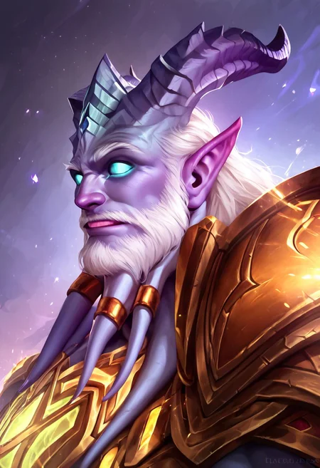 score_9,score_8_up,score_7_up, detailed face, detailed body, perfecteyes detailed eyes, Highest Quality, 4k, masterpiece, Amazing Details, ((1boy, solo, Mdraenei, horns, pointy ears, glow white sclera, grey skin, white hair, white beard, paladin armor, muscular, bara)), (((portrait))), (side view, calm face), on the fantasy town