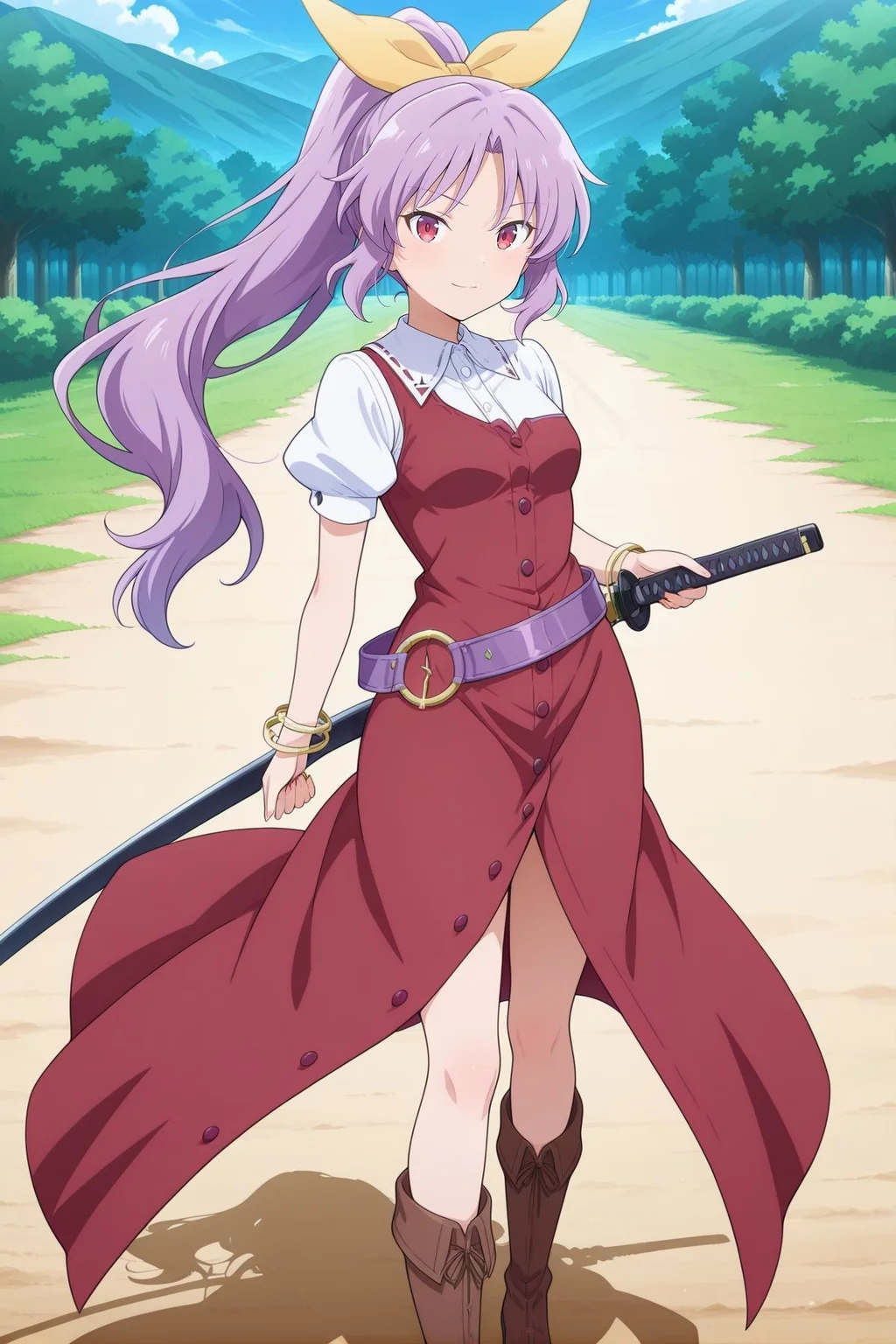 absurdres, highres, masterpiece, best quality, amazing quality, official anime artwork, screencap, anime screencap, outdoors, looking at viewer, light smile, dynamic pose, standing,
<lora:Watatsuki-no-Yorihime_Illustrious:1> watatsuki no yorihime, 1girl, solo, red eyes, puple hair, long hair, ponytail, small breasts,, hair ribbon, yellow ribbon, white shirt, puffy short sleeves, red dress, single strap, buttons, purple belt, loose belt, bracelet, brown boots, katana,