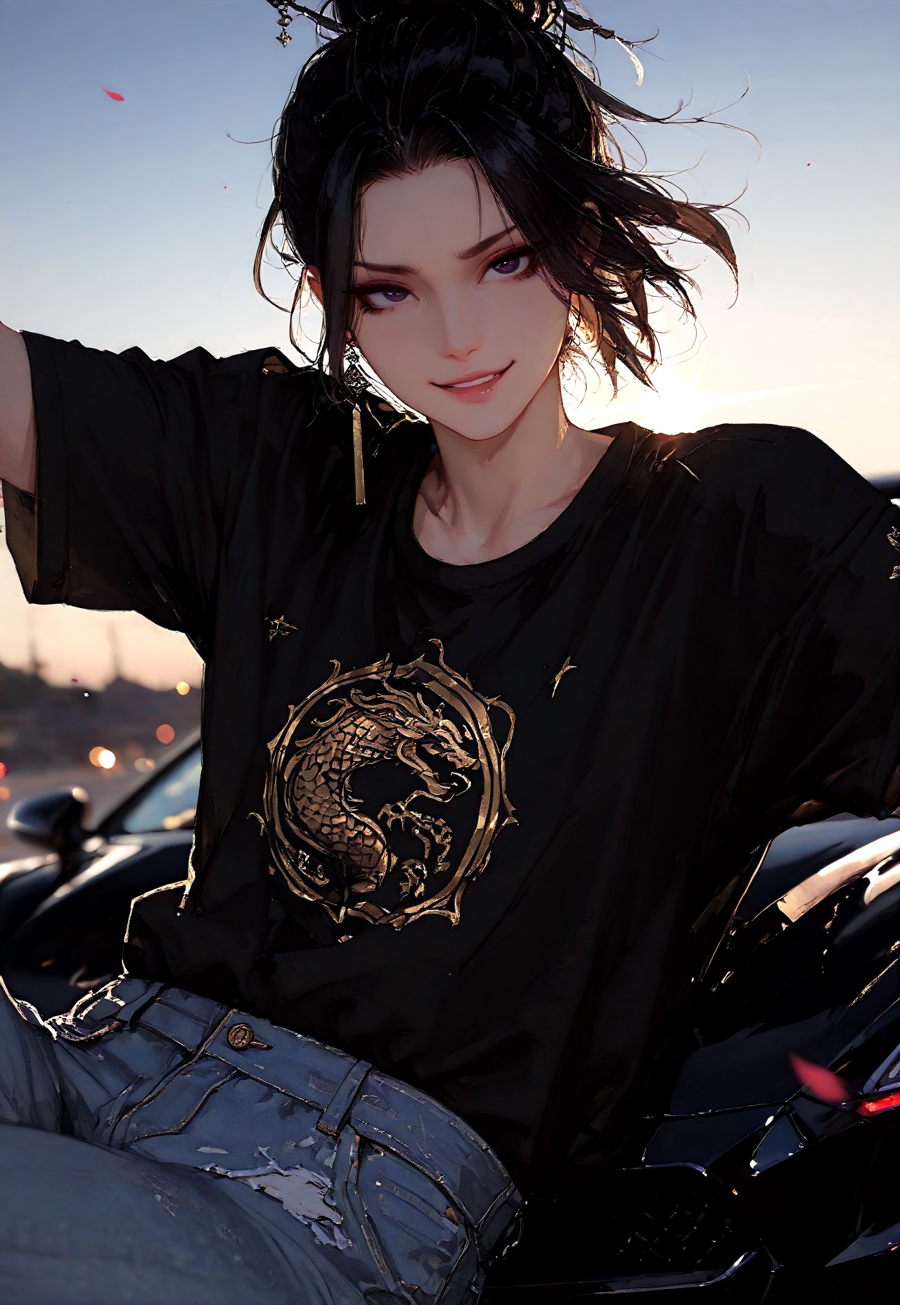 masterpiece, best quality, good quality, very aesthetic, absurdres, 
newest, 8K, depth of field, focused subject,visual storytelling,dynamic composition,
close up, stylized, scenery, bokeh,blurred background, 
Black Myth Wukong, male sun wukong, 
chinese mythology,( dynamic pose:1.3), smirking face,
upper body focus,
casual clothes, wearing luxurious jeans and luxurious black t-shirt with gothic design, expensive black watch
windblown hair, 
dramatic sky, mythic scale, sakura petals, mystic mist, 
cinematic composition, backlighting, volumetric light, symbolic environment, god-tier illustration,(sketch:1.3), in front of a lamborghini aventador (car is black, chrome carbon fiber details) different camera angels, lots of possible poses, charismatic look, dark valley entrance, at night