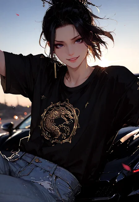 masterpiece, best quality, good quality, very aesthetic, absurdres,
newest, 8K, depth of field, focused subject,visual storytelling,dynamic composition,
close up, stylized, scenery, bokeh,blurred background,
Black Myth Wukong, male sun wukong,
chinese mythology,( dynamic pose:1.3), smirking face,
upper body focus,
casual clothes, wearing luxurious jeans and luxurious black t-shirt with gothic design, expensive black watch
windblown hair,
dramatic sky, mythic scale, sakura petals, mystic mist,
cinematic composition, backlighting, volumetric light, symbolic environment, god-tier illustration,(sketch:1.3), in front of a lamborghini aventador (car is black, chrome carbon fiber details) different camera angels, lots of possible poses, charismatic look, dark valley entrance, at night