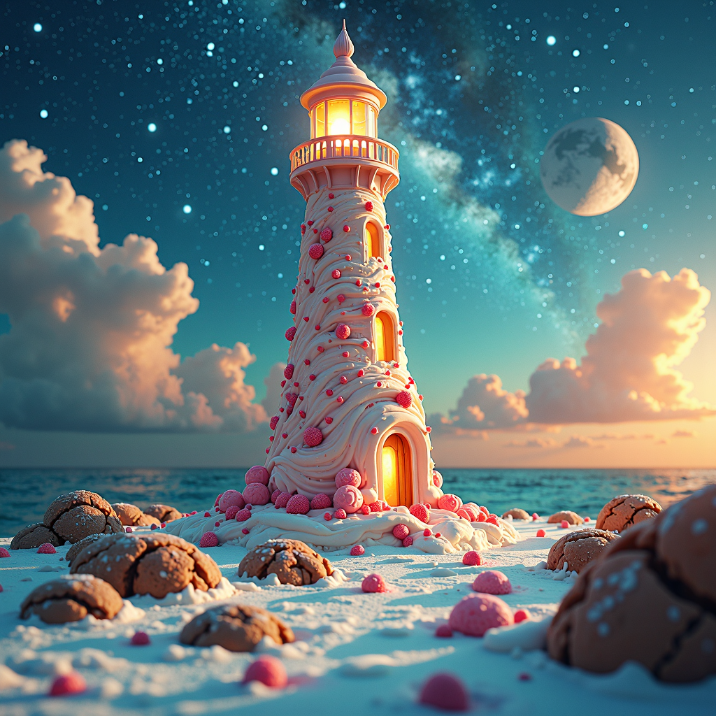 a professional (film grain:1.2) photography of a made entirely out of ice cream GelatoStyle the lighthouse in the middle of the galaxy , wide angle shot, diffuse lighting, fantasy, intricate, elegant, highly detailed, lifelike, photorealistic, digital painting, illustration, concept art, smooth, sharp focus, A24!film cinematography<lora:GelatoStyleFlux:0.5>