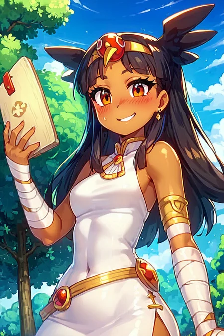 score_9, score_8_up, score_8, medium breasts, (curvy), cute, eyelashes, BREAK, , zzToto, dark skin, 1girl, blush, black hair, jewelry, sky, day, bandages, white dress, sleeveless dress, <lora:Toto_Takatsu_PDXL:0.8>, , BREAK, smile, looking at viewer, cowboy shot, outdoors, sky, day, cloud, tree, blue sky, sunny, Expressiveh, <lora:Alola_Style_PDXL:0.7>, <lora:Expressive_H-000001:0.4>, <lora:CatalystStylePDXL:0.3>,