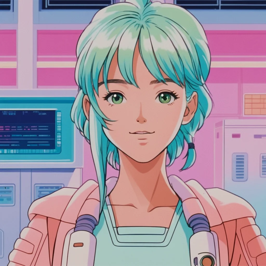 realistic, k4r1n woman standing, kawaii, cute, extreme close-up, happy, front view, background of gradient fluorescent computer room, pastel tones (by wes anderson:1) <lora:k4r1n-000005:0.6>