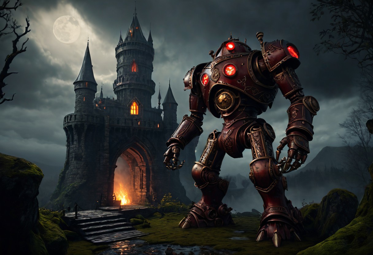 giant bipedal robot dirty apple red and dark amber, bronze paisley robot. lacy robot smoking forge head. outside of a steampunk keep. large detailed torso. dark image. one forty foot tall ancient robot with great arms and two heavy spring legs. dark foggy night background. $dark foggy night image only. dark photo realistic image. steampunk details. cogs, chains and pipes incorporated in the fantasy buildings. magic wizards tower in background. Dark swamp, moss, castle ruins, wizards tower. stormy dark night.  stormy sky.