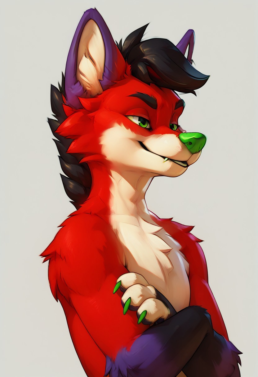 score_9, score_8_up, score_7_up, hi res, 4k, detailed, (best quallity), (high quallity:1.2), majira, red fur, red body, white body, white fur, purple ears, green eyes, green nose, solo, black hair, bust
