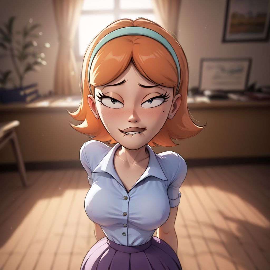 score_9, score_8_up, score_8, masterpiece, best quality, highly detailed, detailed 
face,j3ss1c4,1girl,hairband,short hair wide hips, narrow waist , skirt, shirt, biting lip , looking at viewer, medium shot,  nsfw, OverallDetail.