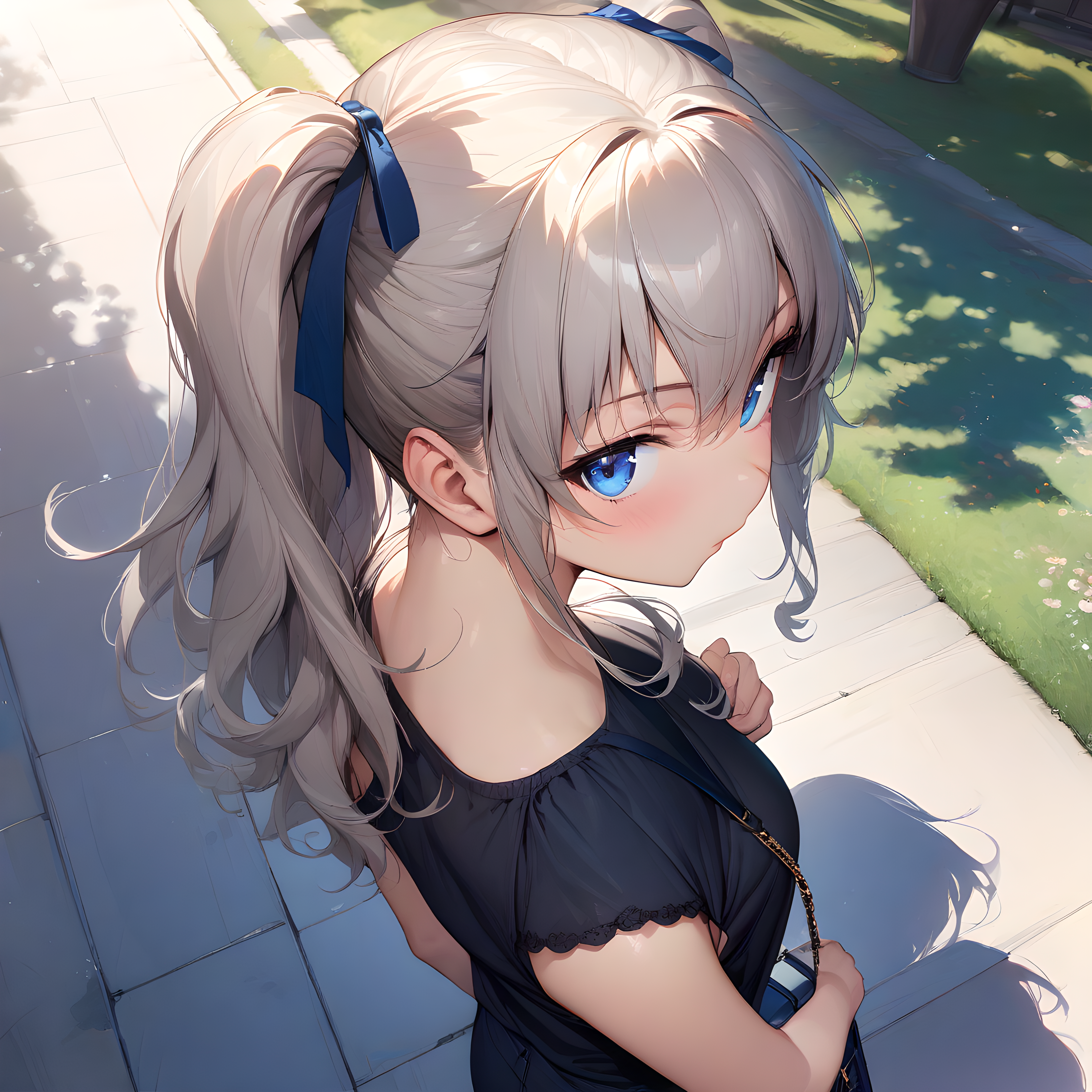 (masterpiece),(best quality),(ultra-detailed),(best illustration),(best shadow),(absurdres),(detailed background),(very aesthetic),nao_tomori, 1girl, solo, blue eyes, ponytail, bag, long hair, looking back, white background, ribbon, looking at viewer, simple background, hair ribbon, sleeveless, from behind, handbag <lora:XL-NaoTomori:1>