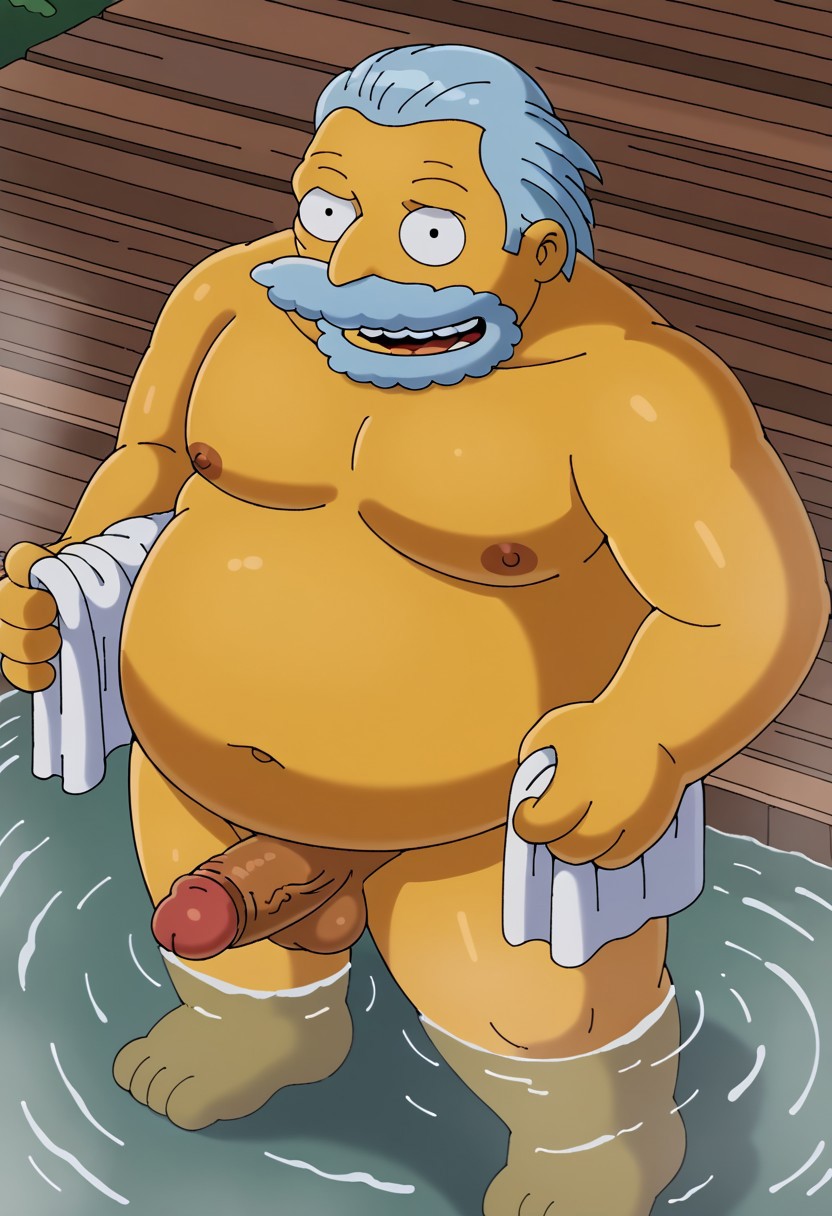 1boy, solo, male, bright colors, thick outlines, detail background, cartoon style, yellow (skin tone), bushy (light blue) beard, large nose, mustache (light blue), wrinkles, prominent eye bags, light blue hair, fat, obese, big belly, medium length, swept back, black pupils, big eyes, fat, thick arms, plump body, overweight, four fingers, short ears, rating_safe, big belly, nude, hot spring, standing, looking at viewer, high angle, from above, penis and balls, fat, big belly, plump, overweight, a white towel on the shoulder, grab penis, holding penis