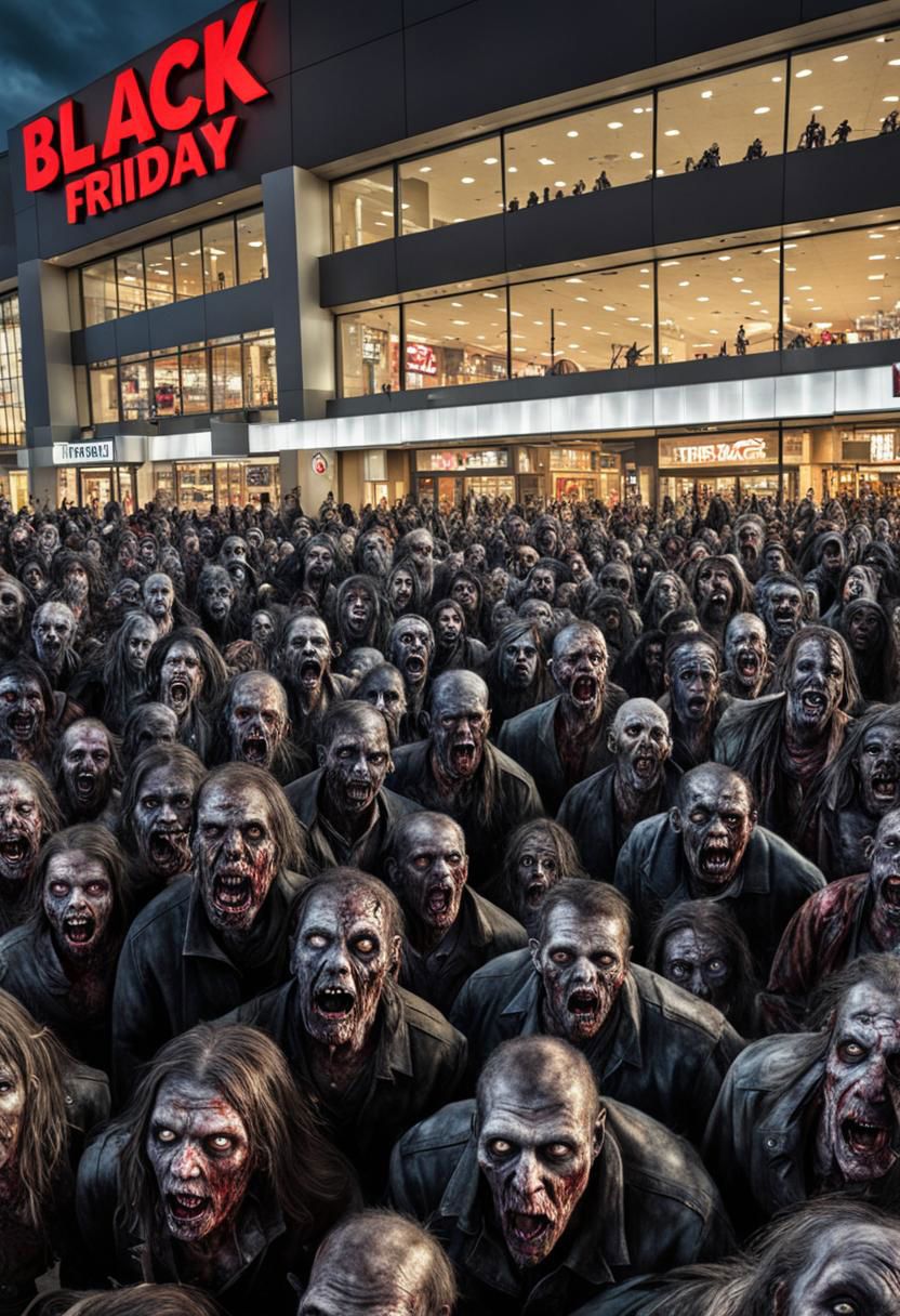 (masterpiece),
a horde of zombies in front of a mall for the Black friday,
dark ambiant, "Black Friday",
ultra realistic, HDR, intricate details,