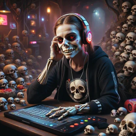 skull candy earbuds, colorful, electronics, slimes_skullwm, made of skulls, product image, marketing image, skeleton, listening to music, headphones