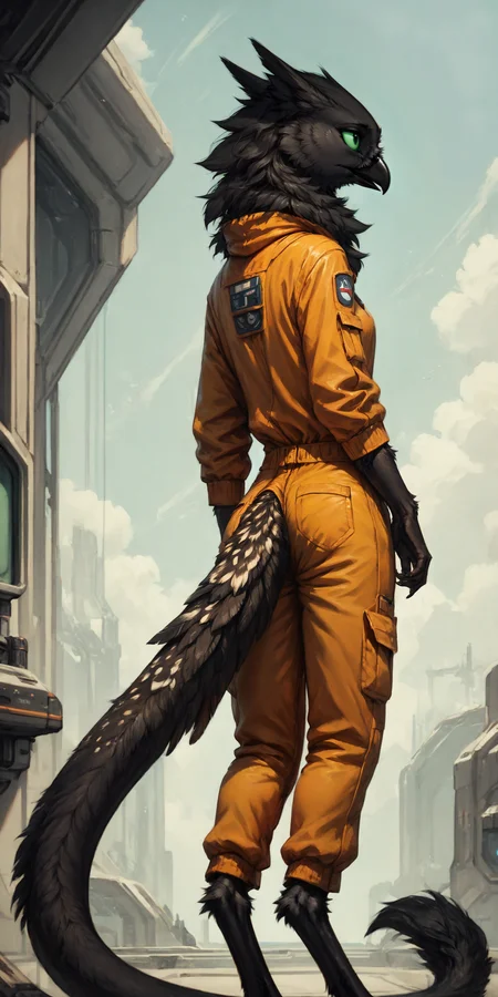 score_9, score_8_up, detailed, rear view, looking away,
anthro, avian, female, shdw, orange jumpsuit, black body, slim, white spots, neck tuft, fluffy, long tail, thick tail, tail tuft, digitigrade, 5 fingers, claws,
<lora:velari_v0.2.1_pdxl:0.7>