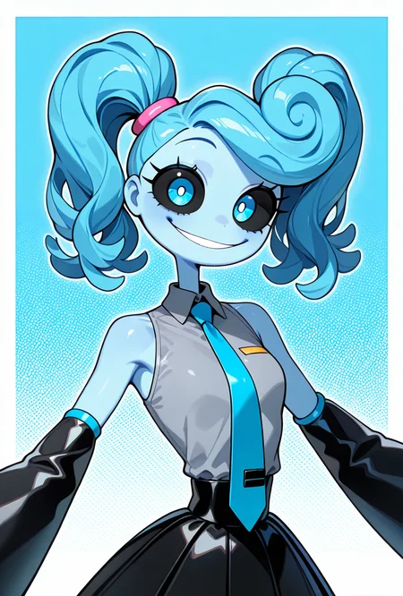 <lora:mmylnglgs-10:1> mmylnglgs, cyan hair, 1girl, big smile, blue eyes, blue skin, long limbs, round head,  long twin tails, miku cosplay, grey shirt, black skirt, cyan tie, short, sleeveless,, cyan eyes, black sclera, white pupils, Black sleeves, masterpiece, best quality, amazing quality, very aesthetic, absurdres, newest,, upper body, halftone effect, white borders, abstract background:1.2,