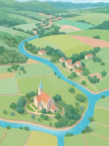 <lora:CartoonStyle_Hap_XL:1>,cartoon style,medieval landscape, from above, vector illustration, cartoon style, pastel color , anime,masterpiece,UHD,perfection,perfect,detailed,