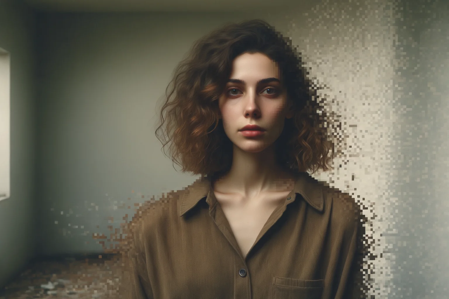 a color 35mm glamour close-up portrait photograph of a (melancholic:1.2) jewish young woman (dissolving into pixel:1.4). walking through an abandoned building fall at noon as if shot by a famous fashion photographer using the aperture f/1.8 <lora:Aether_Pixel_v1_SDXL_LoRA:1>
