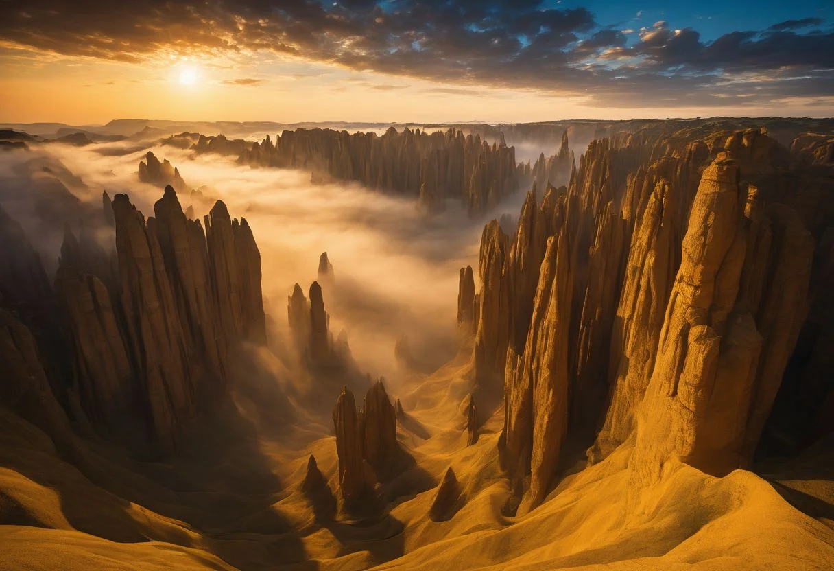 valley sculpted by the wind, over millennia, land elevated in majestic rock formations that defy gravity. High above, pillars of eroded stone resemble the fingers of giants trying to touch the sky. Between columns, undulating clouds dance to the rhythm of an invisible melody, creating a spectacle of lights and shadows in constant change. On the valley floor, golden grass sways like a golden sea, while intricate sand patterns form an ephemeral tapestry, Dynamic, textured clouds, Ethereal, Monumental, Magical