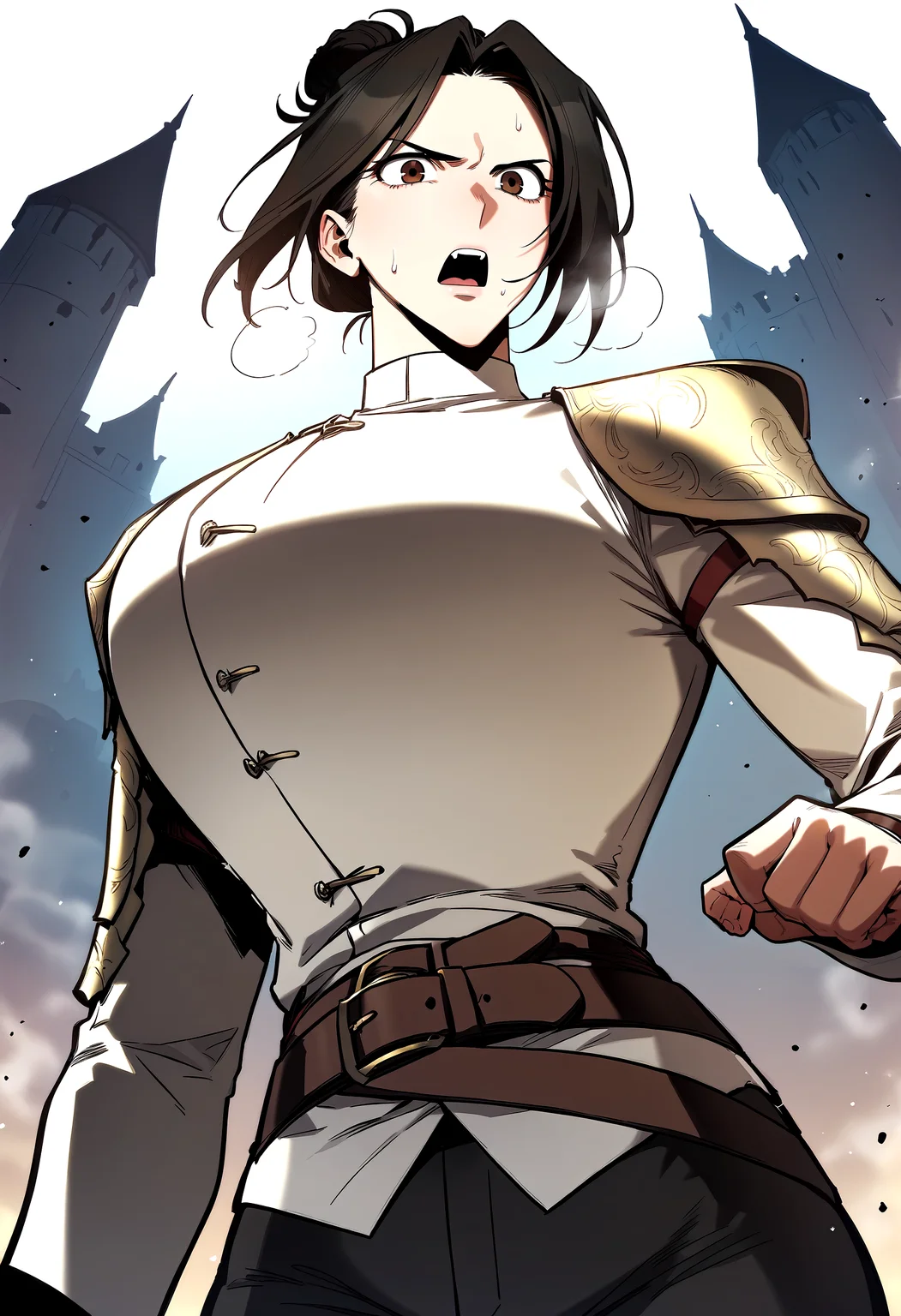 score_9, score_8_up, score_7_up, score_6_up, source_anime, rating_explicit, <lora:neg4all_bdsqlsz_V3.5:2.0>1girl, (solo:1.1), huge breasts, <lora:JungHeewonponyxl:1> brown eyes, black hair, single hair bun, brown hair, white jacket, shoulder armor, black pants, belt, long sleeves, serious, open mouth, Narrow shoulders, sweat, heavy breathing, steaming body, castle, outdoor, looking at viewer, (fighting stance:1.2)