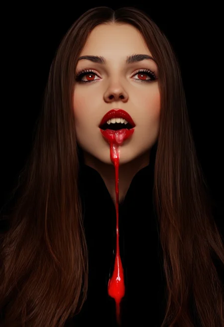 nsfw, masterpiece, great detail, very simple dark background color, focus on girl, realistic,   (Close up shot, from bellow), 
best quality, masterpiece , 1girl, red eyes, sexy, ,brunette hair, long hair,  vampire fangs, perfect sharp teeth, vempires, vampire outfit, tigtht vintage costume, medium breasts, teardrop breasts, areolae slip, blood dripping from mouth, amateur lighting, dark, eyes glowing, 
score_9, score_8_up, score_7_up,
easynegative, verybadimagenegative_v1.3,  Neoteny, (soft jaw, small nose, plump lips, small mouth, wideset eyes, large eyes)