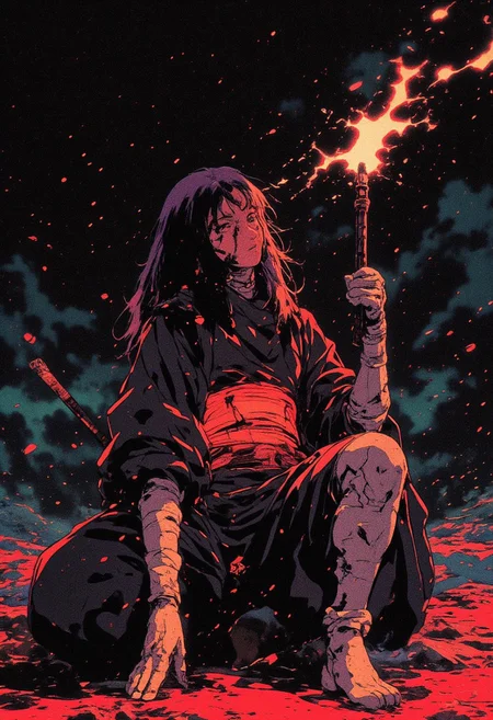 fantasy stylised illustration, anime style, dark scene illuminated only by the torch in hand, cinematic, stunning, full body shot, close up dynamic pose, perfect composition, red glowing particles flying, covered in shadows shinobi in a dark clothes, feudal Japanese background, (kneeling in the dirt, mud, touching the knee with her hand), holding torch in the other hand, midnight, starry skies, baggy clothes moving on the wind, intricate shadows on the clothes, white stripes through the whole body, huge glowing red waist, long cloth gloves, white bandages on hands, look down in disbelief, stature is agile and very graceful, woman, emotional, intense, dark, gritty, heavily stylised, incredible, style of Edwin Austin Abbey, ne0nfant4sy,