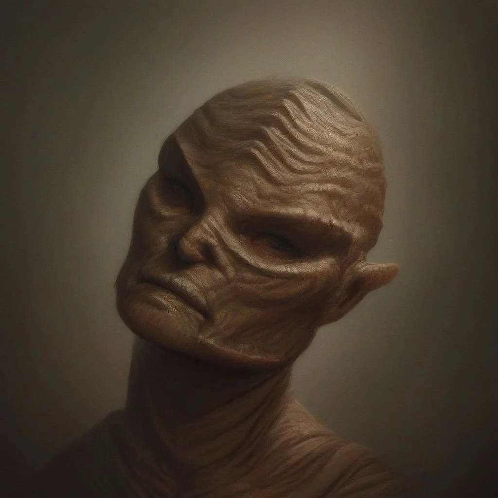 realism, realistic, score_9, score_8_up, score_7_up, score_6_up, Visitor, alien, no eyes, gouged, Flesh serpent with appendages, exposed eyes and brain