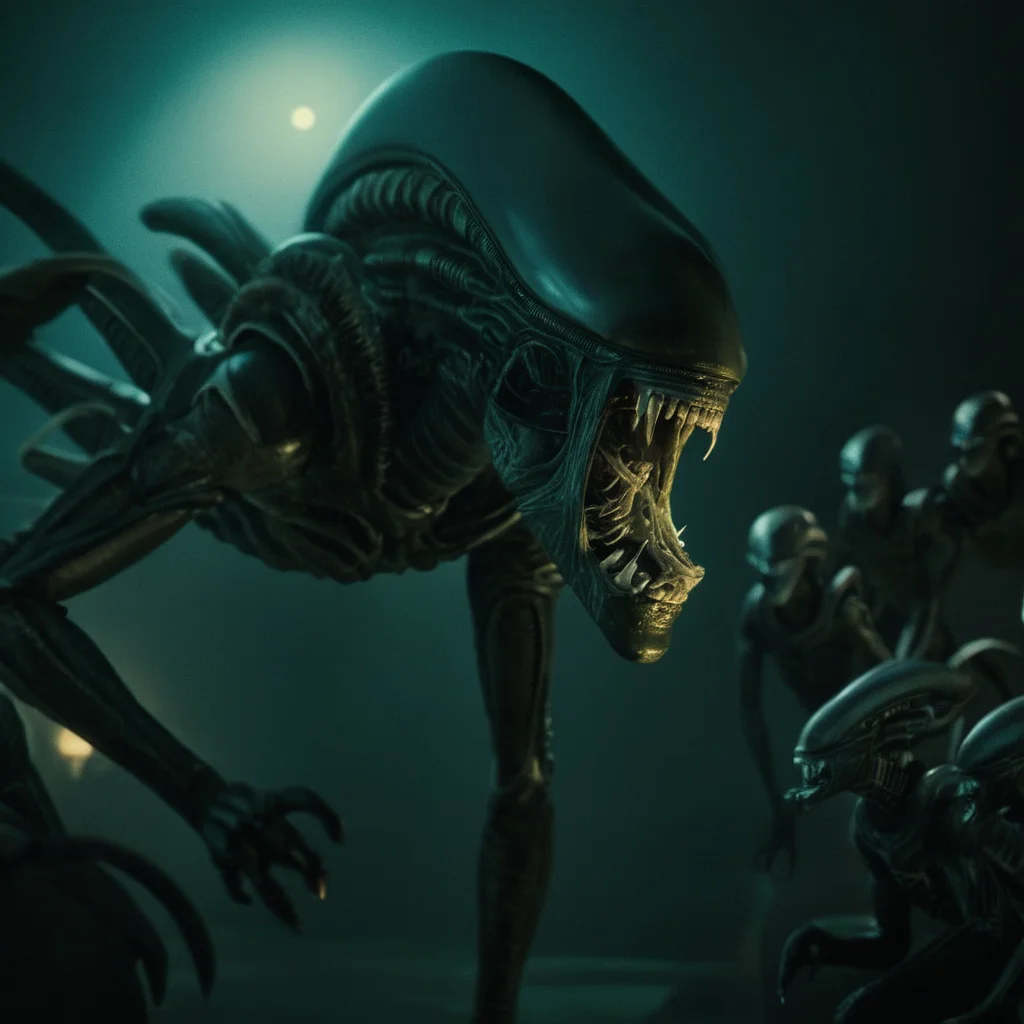 cinematic film still of  <lora:Xenomorph v2:0.8>
Xenomorph a large alien creature staring at a group of smaller aliens with ray light in background,endoparasitoid extraterrestrial species,open mouth,tail,horns,teeth,tongue,signature,no humans,glowing,sharp teeth,claws,tentacles,monster,alien , horror themed, dark themed, cinematic, film still, xenomorph style, shallow depth of field, vignette, highly detailed, high budget, bokeh, cinemascope, moody, epic, gorgeous, film grain, grainy