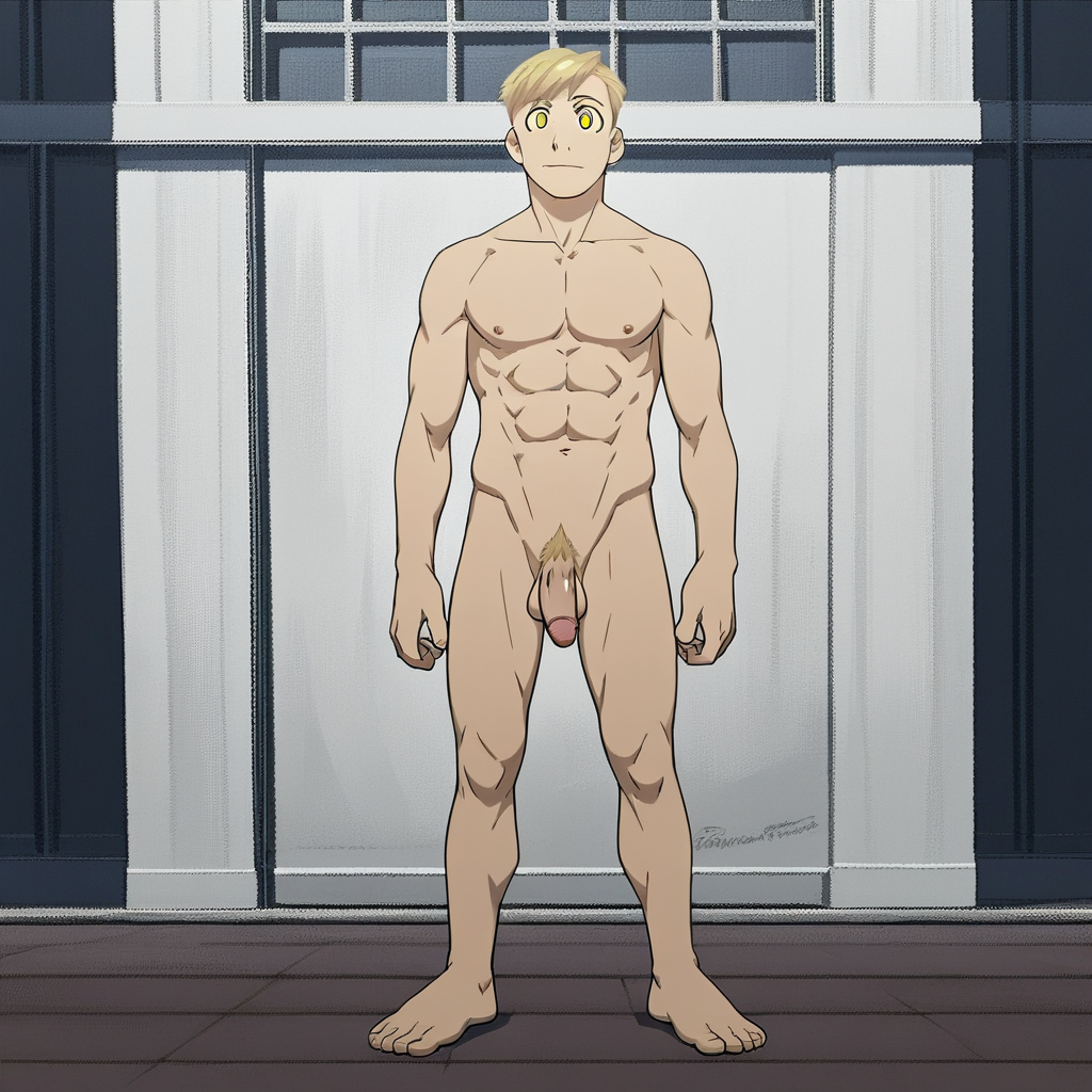 Alphonse Elric, 1boy, male focus, blonde hair, yellow eyes, short hair, pubic hair, completely nude, abs, penis, balls, standing,  score_9, score_8_up, score_7_up, score_6_up <lora:vinceteaa_020_04v2-step00000400r:1> good face, good eyes, looking at viewer, full body, standing,