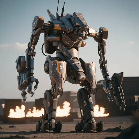 Distric9Mech1024, a mech robot, ((full body)), war, post apocalyptic scenery, flames, highly detailed, photography, ultra sharp, film, bokeh, professional, 64k <lora:Distric9Mech1024-000500:0.6>