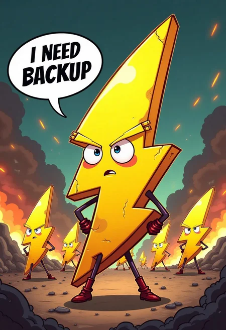 A dramatic war scene in stylized cartoon style. In the center stands a bright yellow lightning bolt character, shaped like a single zigzag with a flat bottom tip, resembling a clean, angular ⚡ symbol with a straight horizontal base. The character has expressive cartoon eyes and a slightly cracked surface, showing battle damage. Chaos, smoke, and fire surround the battlefield. A comic-style speech bubble emerges from the character with the text: "I NEED BACKUP" in bold letters. In the distance, more identical lightning bolt soldiers are rushing in to help. The scene is full of action and urgency, with a comic book feel and dynamic lighting.