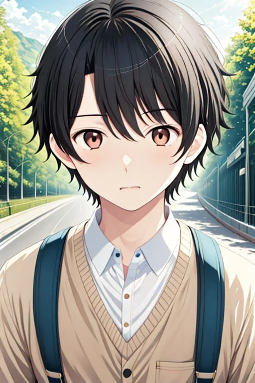 high resolution, solo, best quality, 1Boy, Inaho Kaizuka, Black hair, Brown Eyes, portraits, proud, outdoor, Half Body, Depth Of Field, OverallDetail