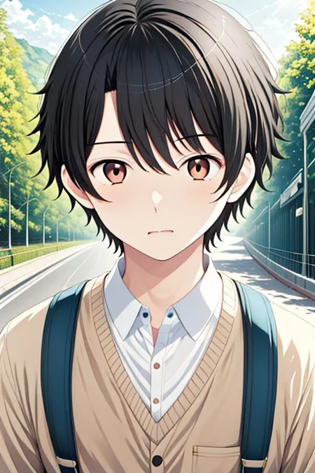 high resolution, solo, best quality, 1Boy, Inaho Kaizuka, Black hair, Brown Eyes, portraits, proud, outdoor, Half Body, Depth Of Field, OverallDetail