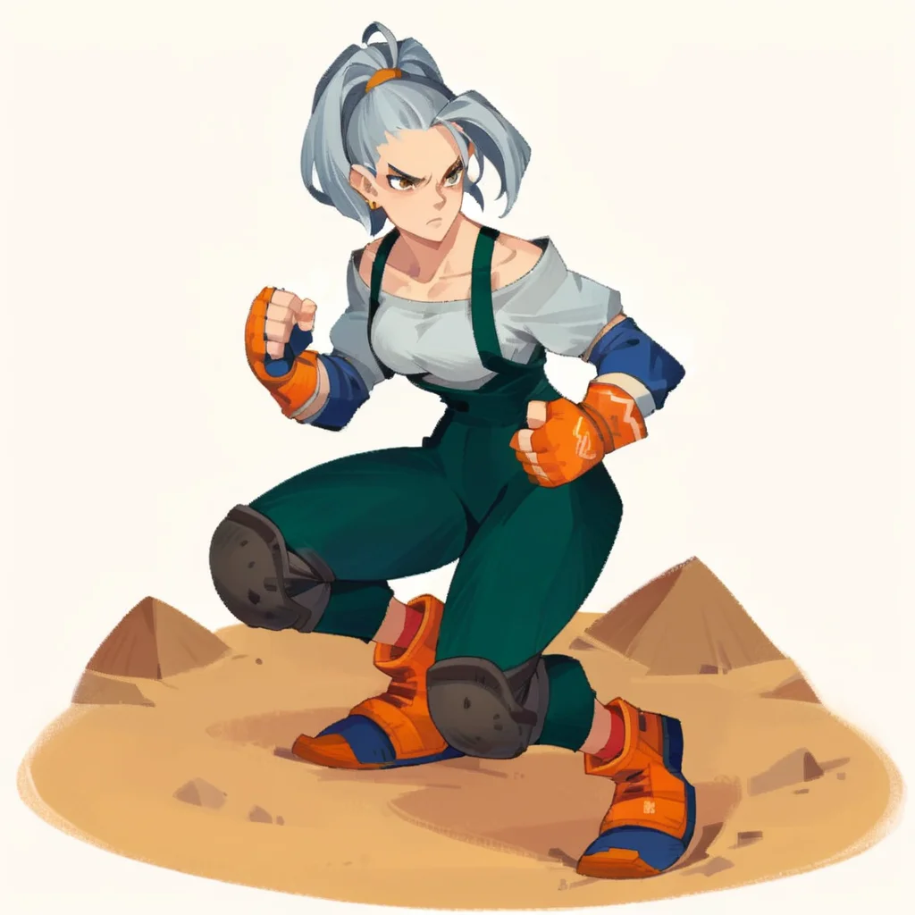 score_9, score_8_up, score_7_up, score_6_up, <lora:Epon_Tobal_-_PonyXL:0.75> solo, 1girl, epon, gloves, knee pads, fingerless gloves, earrings, full body, orange footwear, ponytail, grey hair, orange gloves, collarbone, dark green overalls, default outfit, grey shirt, elbow pads, blue elbow pads, dynamic pose, dynamic angle, fierce, fighting stance, face focus, simple background, desert <lora:princess_xl_v1:1> <lora:afkArenaStylePony:1>